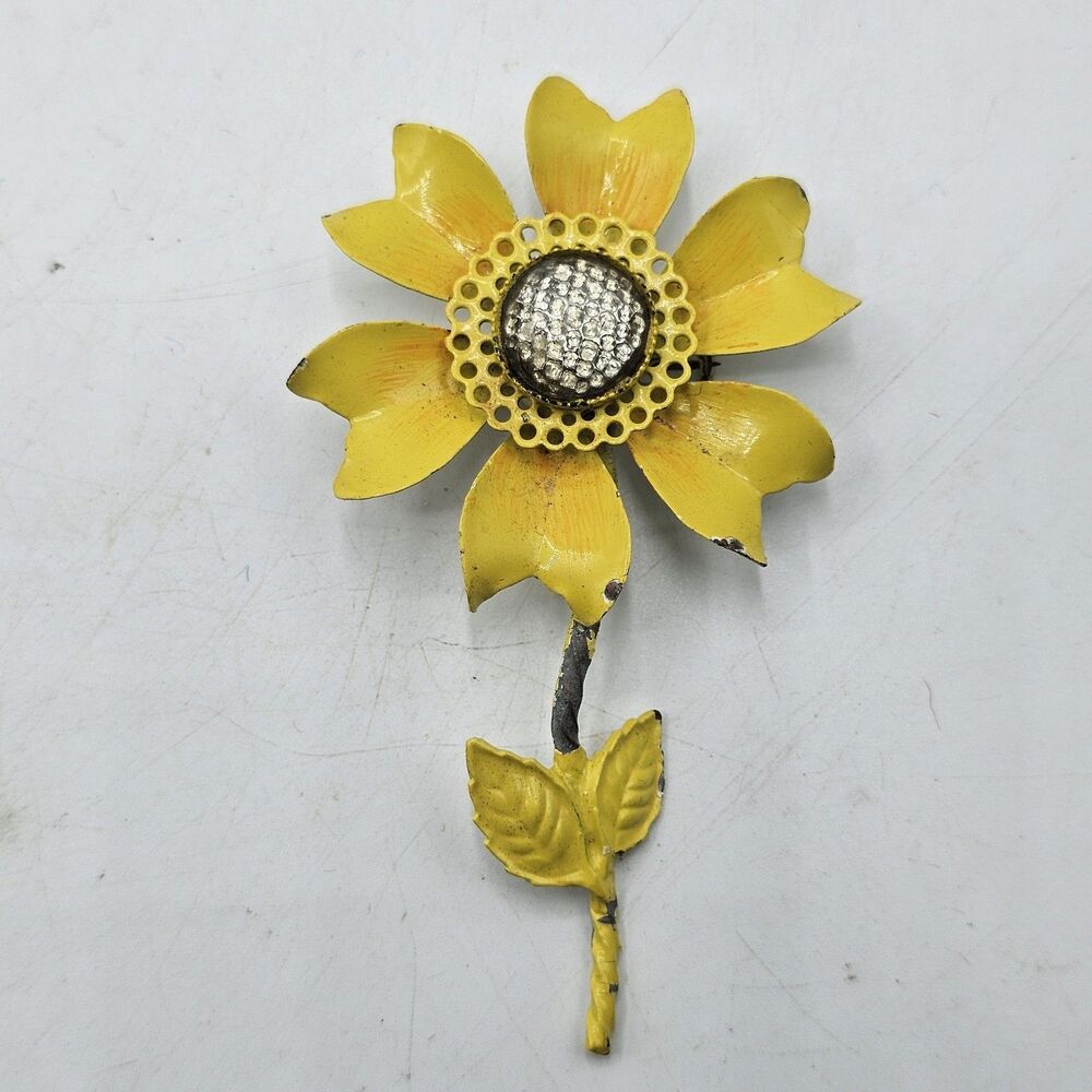 Vintage 1970's Yellow Sunflower Painted Metal Brooch Pin